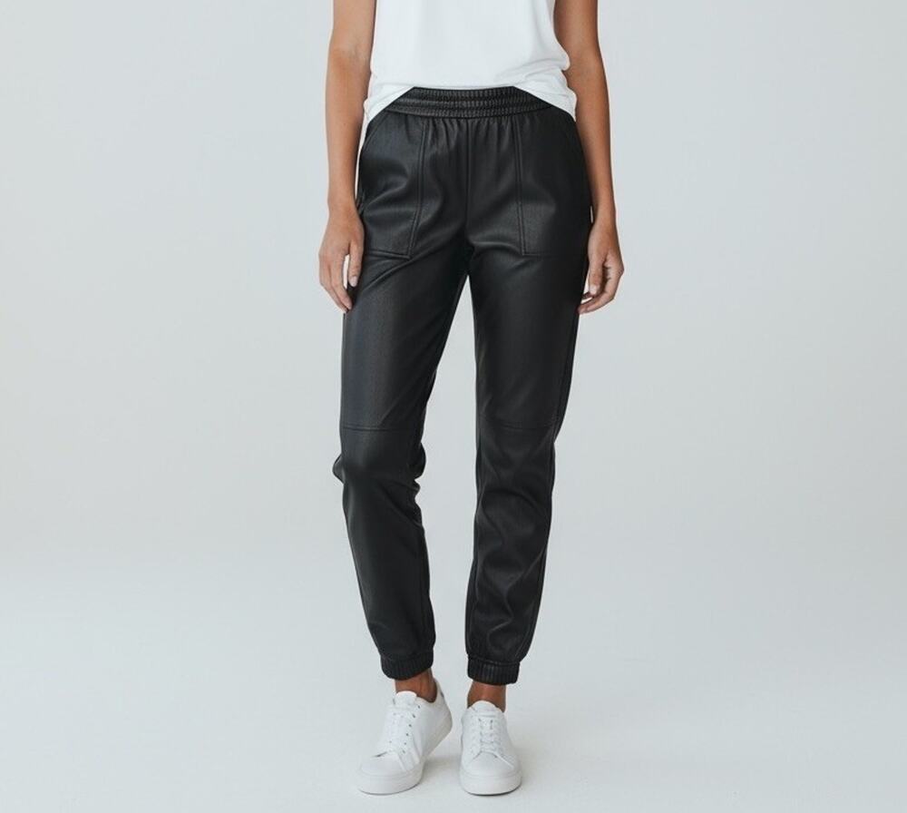 Spanx Leather Like Jogger Black Pull On Pants Faux Vegan Pockets Size Small